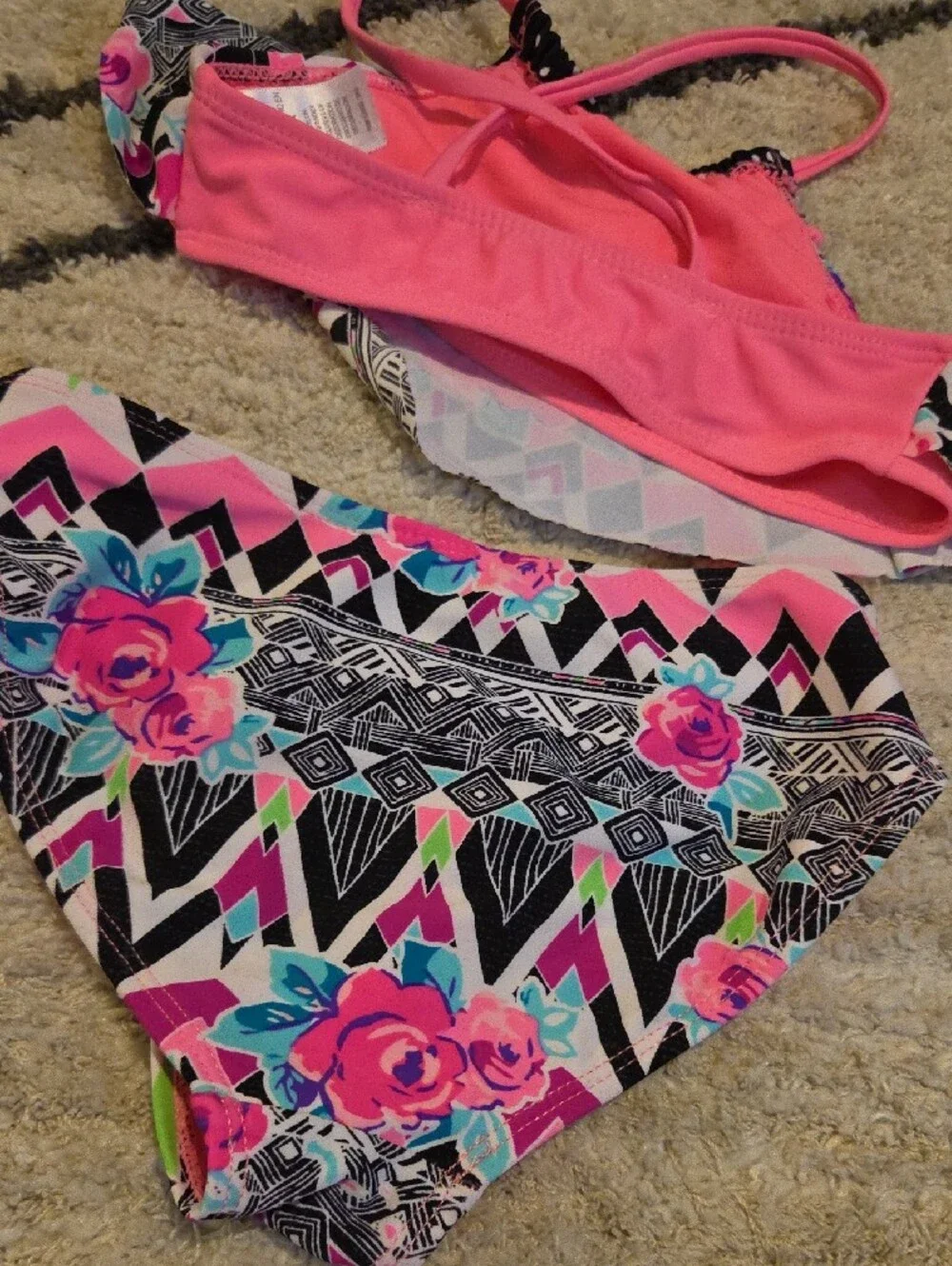 Girls 2 Sets Swimsuits Wonder nation Girls Pink & Green Mixed Print Bikini Sets